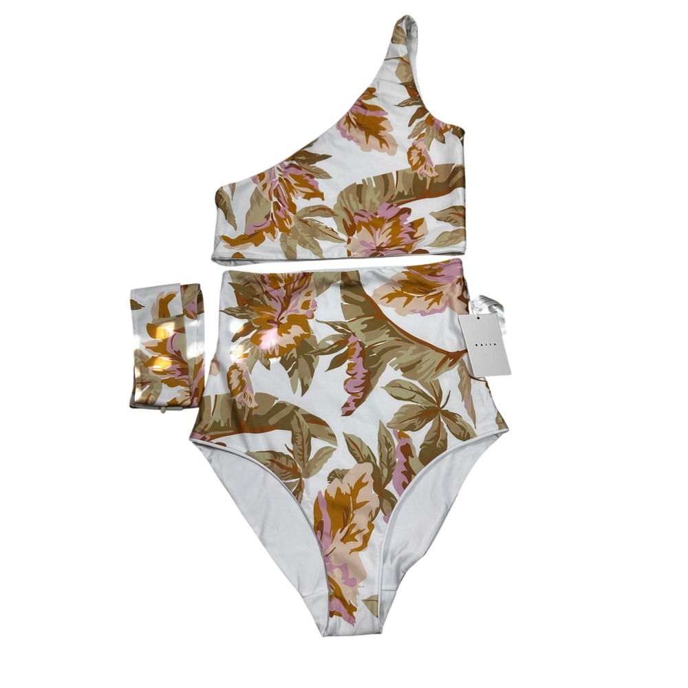 Baiia One Shoulder Wrap Bikini Set Floral Ultra High Waist White Tan Pink US 10